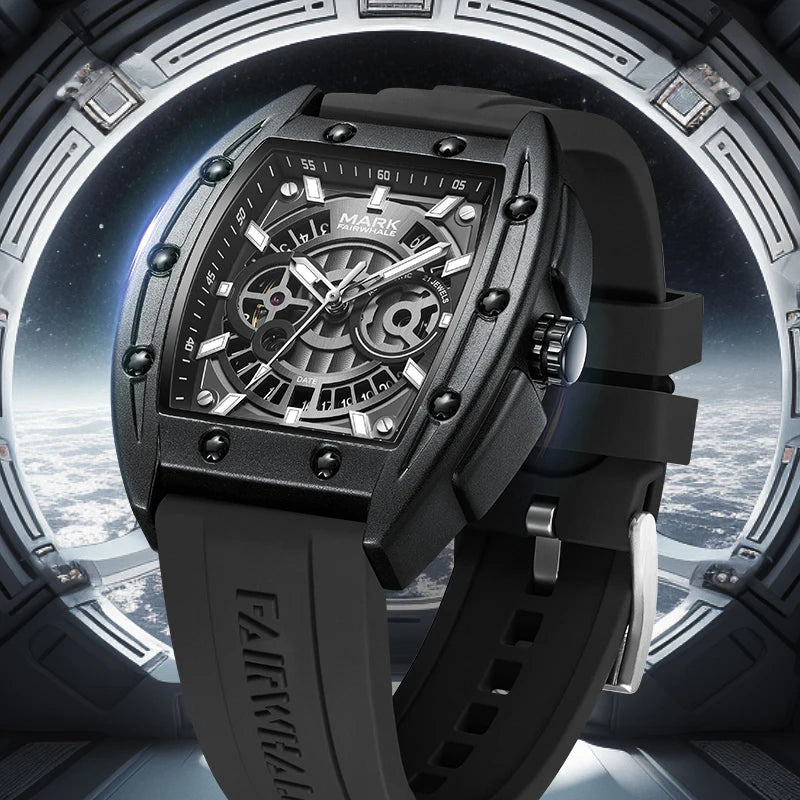Mark Fairwhale SKELTOR luxury skeleton watch with tonneau case displayed in futuristic space background