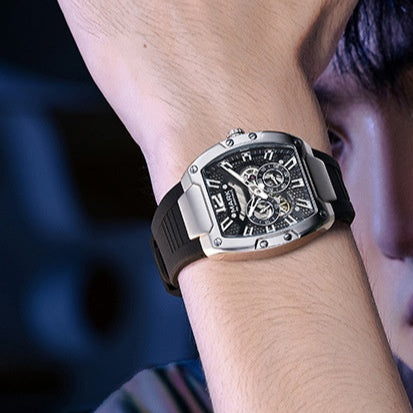 Model wearing Mark Fairwhale VELTROX men’s automatic chronograph watch