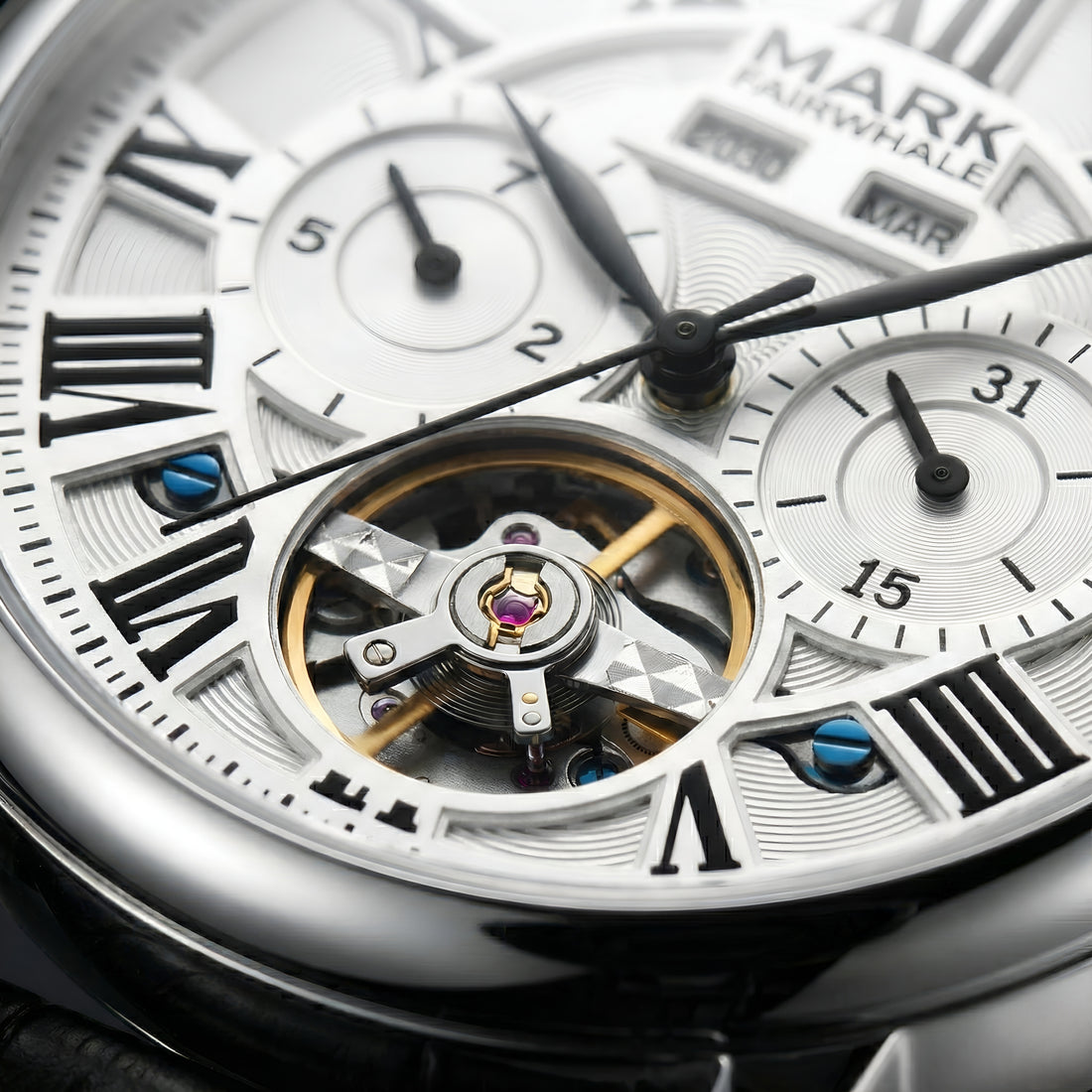 MARK FAIRWHALE FW-6017 AUTOMA men’s automatic tourbillon watch dial close up, Roman numerals, open heart tourbillon, silver textured dial, premium mechanical details