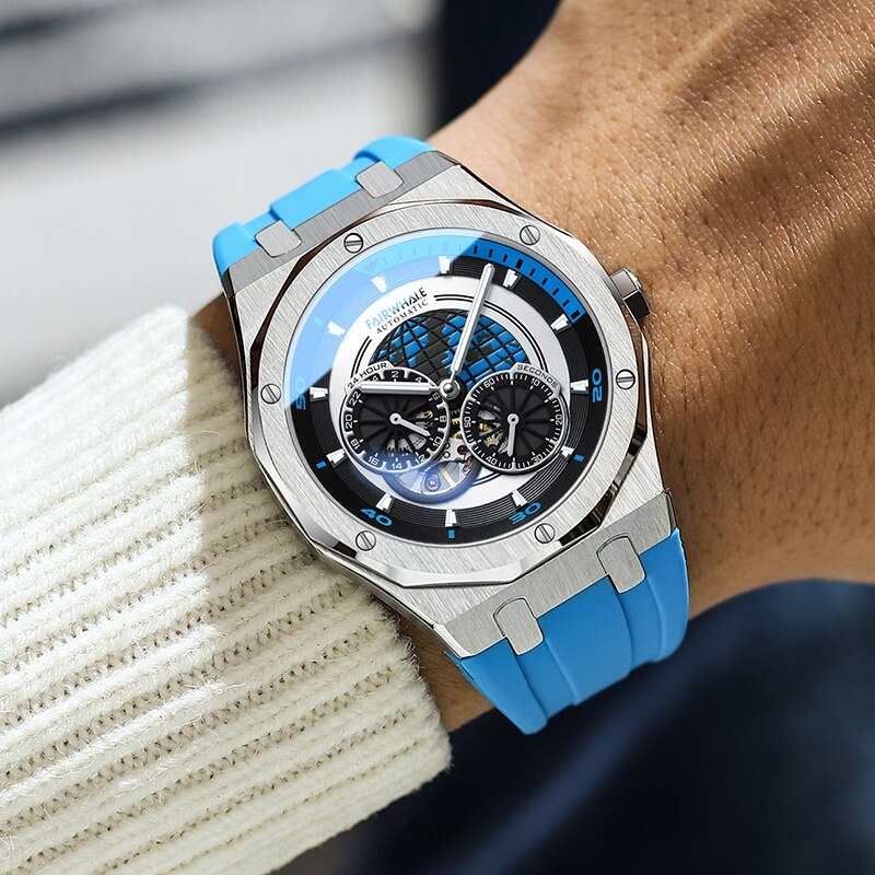 Mark Fairwhale AERIXON FW-6390 with blue strap, showcasing modern-meets-vintage design