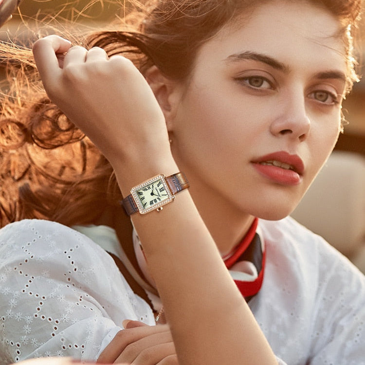 Mark Fairwhale VINTESSA FW-3380 Retro Square Women’s Watch with classic Roman numerals, rose gold case, and brown leather strap