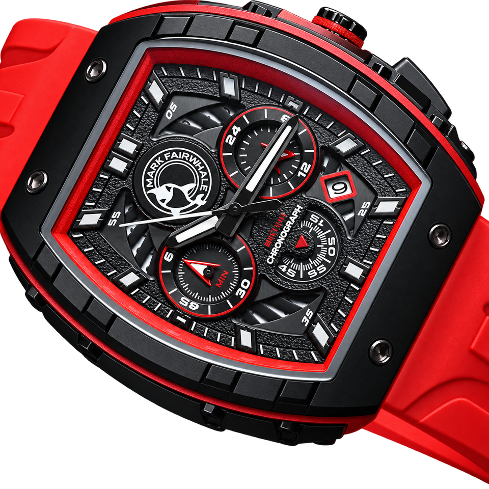 BOLTRON in Red, three-quarter view: the deep black case, exposed screws, crown and pushers, and the red strap rising from the lugs