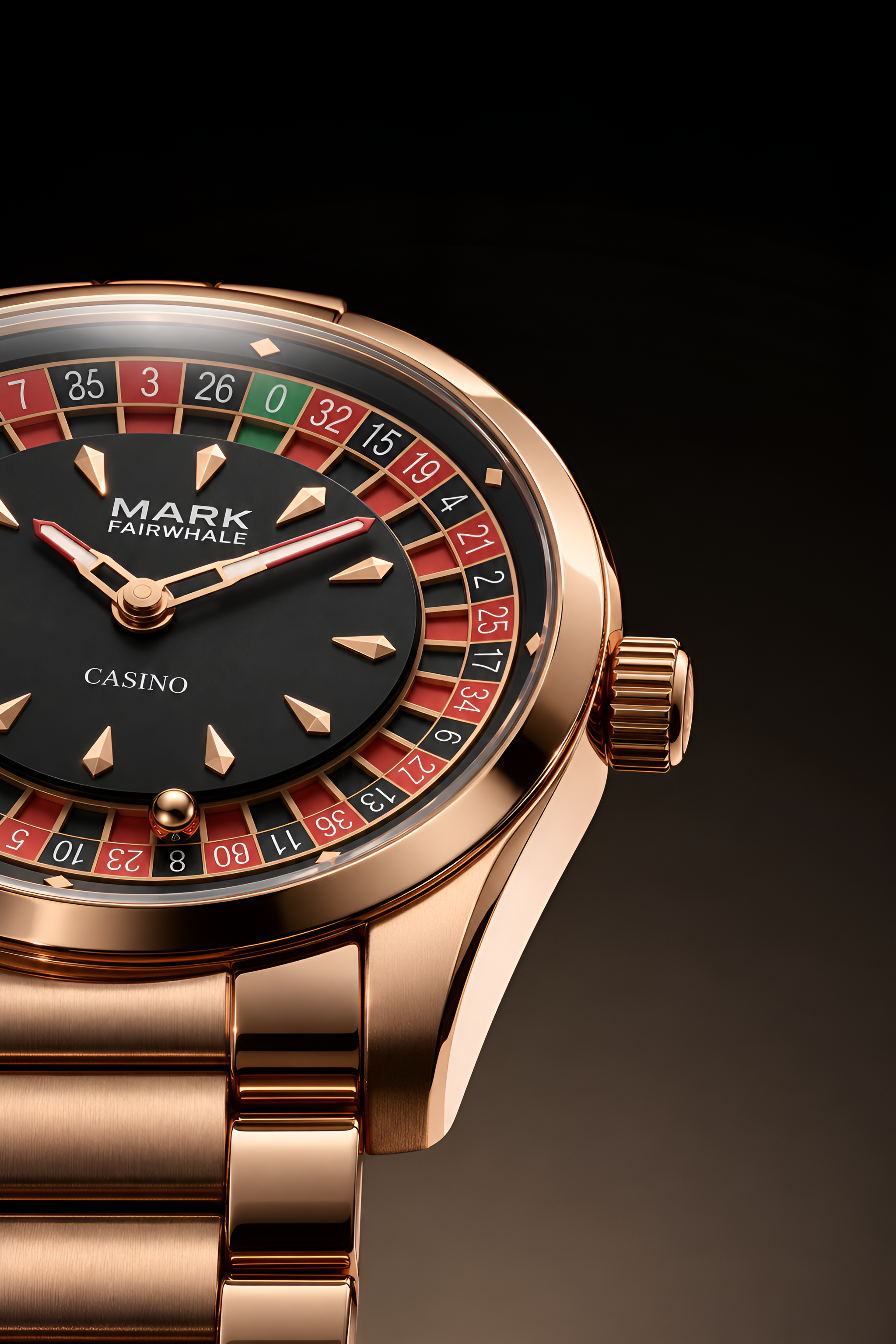 Orologio Mark Fairwhale Roulette dorato indossato al polso con un abito scuro su misura