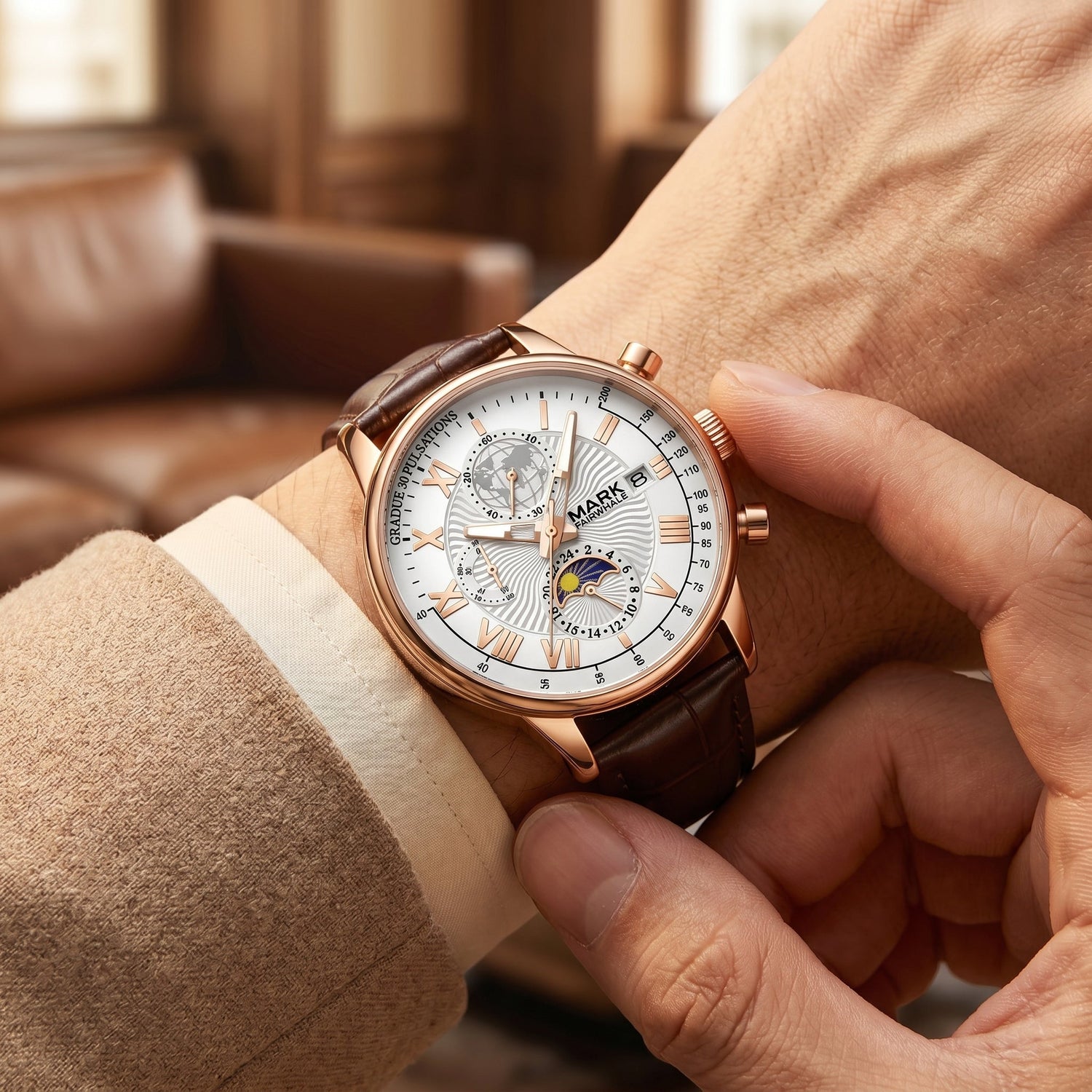 Fairwhale men's luxury chronograph watch white dial rose gold case brown leather strap wrist shot detailed dial
