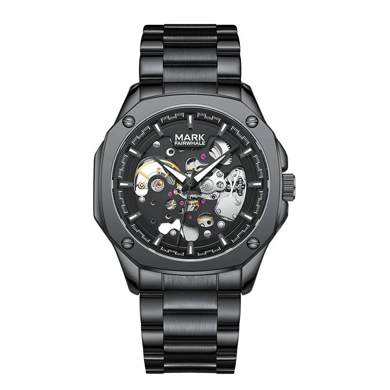 Fairwhale FW-6940 AUREXIS men’s skeleton tourbillon automatic watch in black stainless steel, showcasing open dial and visible movement.