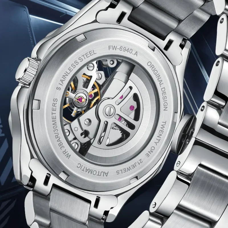 Transparent case back of the Fairwhale FW-6940 AUREXIS skeleton tourbillon automatic watch, revealing the movement and 21-jewel mechanism.