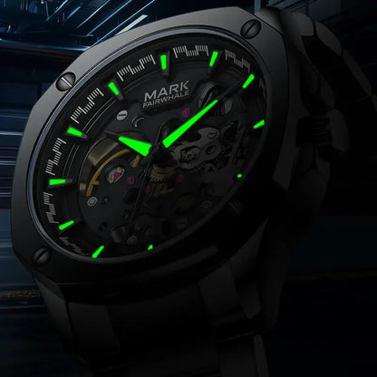 Night view of the Fairwhale FW-6940 AUREXIS skeleton automatic watch with luminous green hands and markers for clear readability in the dark.