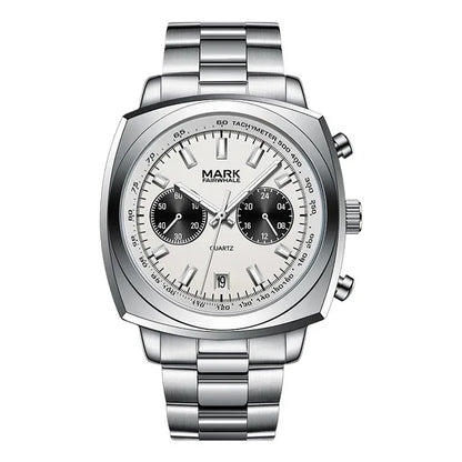 AURIXON chronograph with silver dial and black subdials, luxury wristwatch for men.