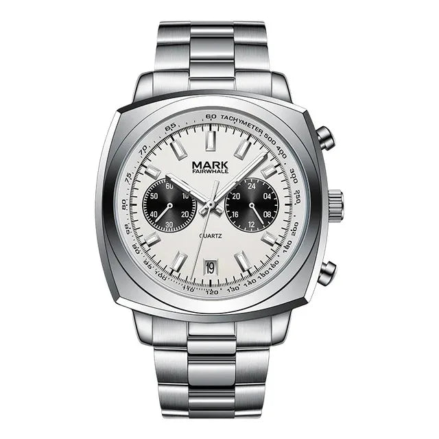 AURIXON chronograph with silver dial and black subdials, luxury wristwatch for men.