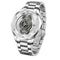 A Mark Fairwale men's automatic skeleton watch with a silver stainless steel case and link bracelet, featuring a detailed open-heart view through the dial.