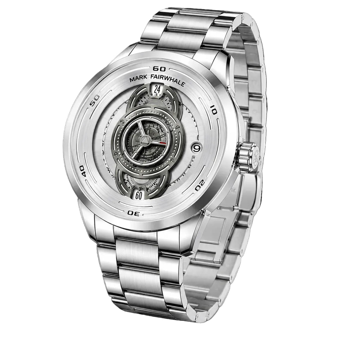 A Mark Fairwale men's automatic skeleton watch with a silver stainless steel case and link bracelet, featuring a detailed open-heart view through the dial.