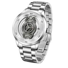 A Mark Fairwale men's automatic skeleton watch with a silver stainless steel case and link bracelet, featuring a detailed open-heart view through the dial.
