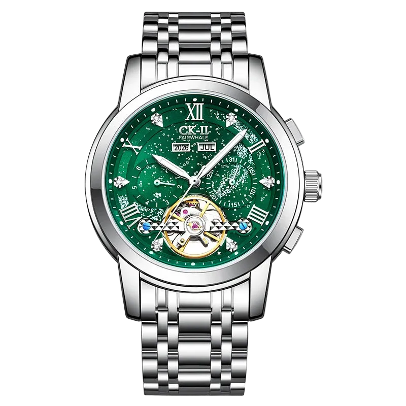 A men's stainless steel wristwatch with a green skeleton dial and a visible gold-tone automatic movement at the 6 o'clock position. The dial features Roman numeral hour markers, crystal hour indices, and a matching green metal link bracelet.