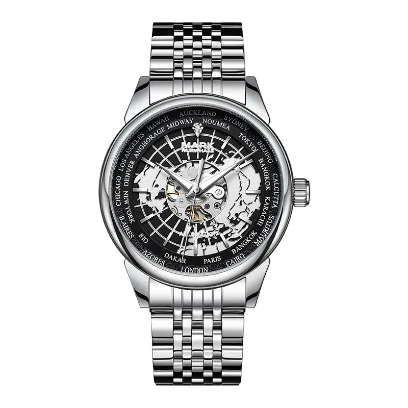A silver stainless steel wristwatch with a black skeleton dial showing the world map and city names around the bezel, on a solid white background.