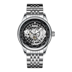 A silver stainless steel wristwatch with a black skeleton dial showing the world map and city names around the bezel, on a solid white background.