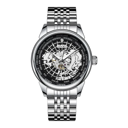 A silver stainless steel wristwatch with a black skeleton dial showing the world map and city names around the bezel, on a solid white background.