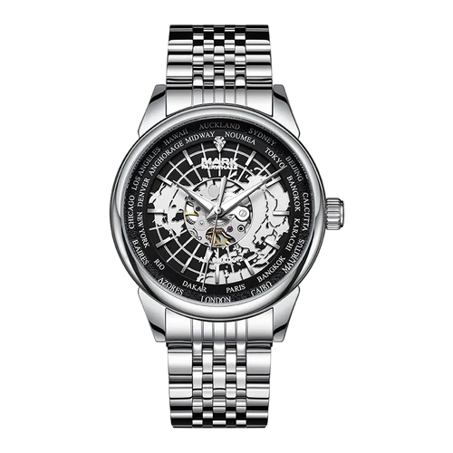 A silver stainless steel wristwatch with a black skeleton dial showing the world map and city names around the bezel, on a solid white background.