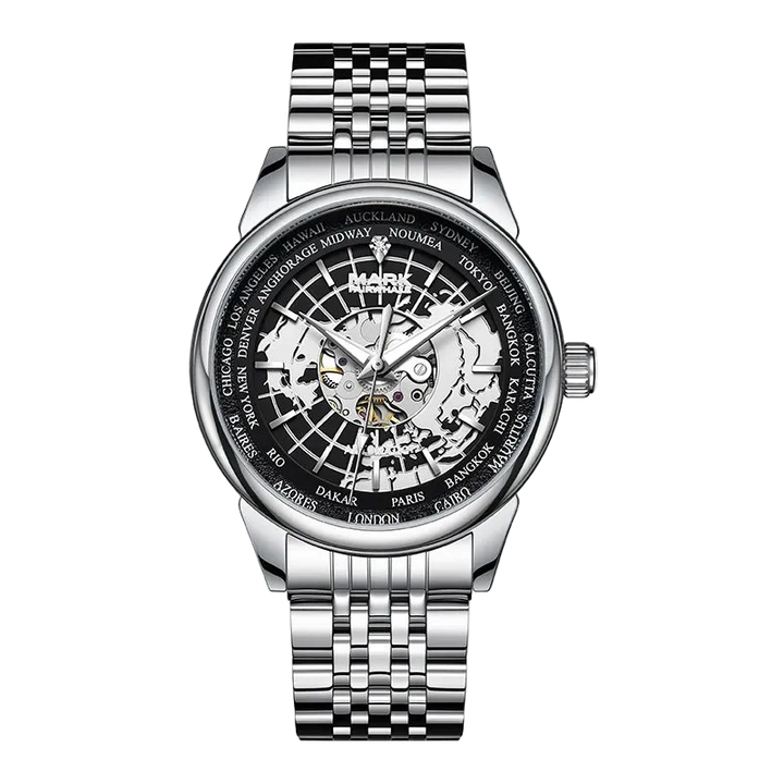 A silver stainless steel wristwatch with a black skeleton dial showing the world map and city names around the bezel, on a solid white background.