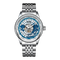 A silver stainless steel wristwatch with a multi-band link bracelet, featuring a blue and white skeleton dial with world city names around the bezel and a visible mechanical movement.