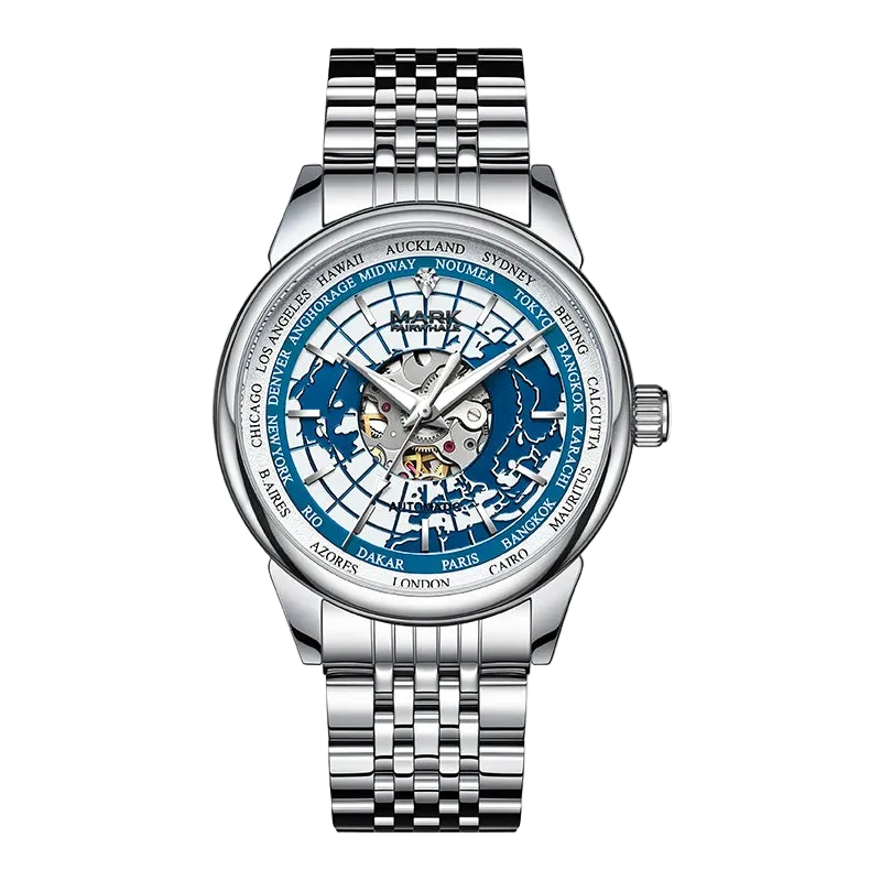 A silver stainless steel wristwatch with a multi-band link bracelet, featuring a blue and white skeleton dial with world city names around the bezel and a visible mechanical movement.