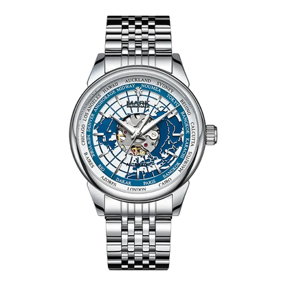 A silver stainless steel wristwatch with a multi-band link bracelet, featuring a blue and white skeleton dial with world city names around the bezel and a visible mechanical movement.