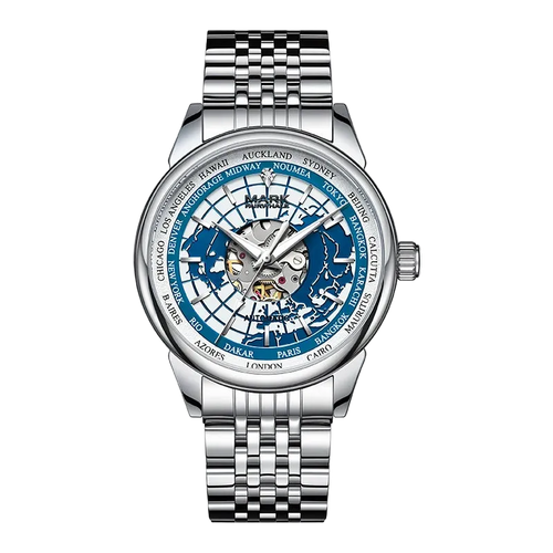 A silver stainless steel wristwatch with a multi-band link bracelet, featuring a blue and white skeleton dial with world city names around the bezel and a visible mechanical movement.