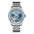 A silver stainless steel wristwatch with a multi-band link bracelet, featuring a blue and white skeleton dial with world city names around the bezel and a visible mechanical movement.