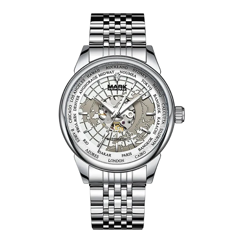 A silver stainless steel wristwatch with a skeleton dial showing the inner mechanical movement. The dial features a world city name bezel with &