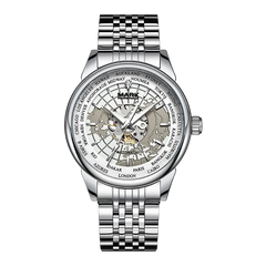 A silver stainless steel wristwatch with a skeleton dial showing the inner mechanical movement. The dial features a world city name bezel with 'MARK' printed at the top center.