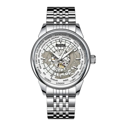 A silver stainless steel wristwatch with a skeleton dial showing the inner mechanical movement. The dial features a world city name bezel with &