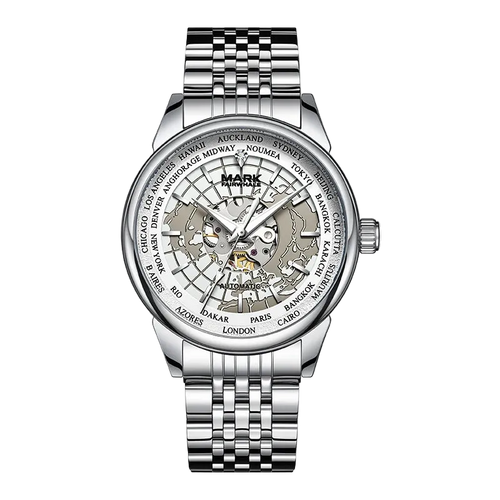 A silver stainless steel wristwatch with a skeleton dial showing the inner mechanical movement. The dial features a world city name bezel with &