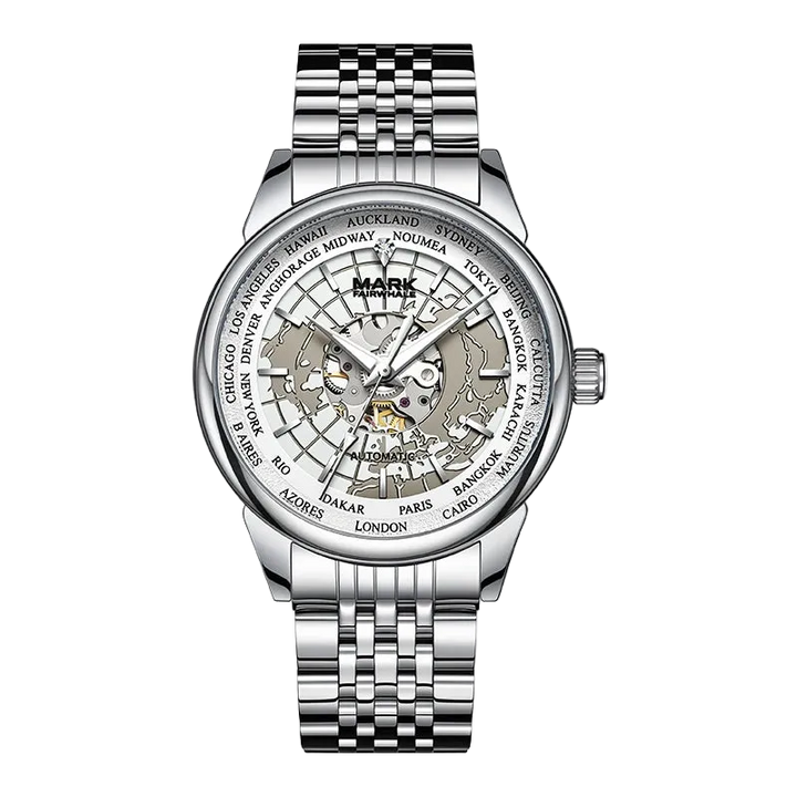 A silver stainless steel wristwatch with a skeleton dial showing the inner mechanical movement. The dial features a world city name bezel with &