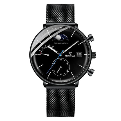 FW-5350 ASTRON quartz moon phase chronograph watch matte black stainless steel mesh