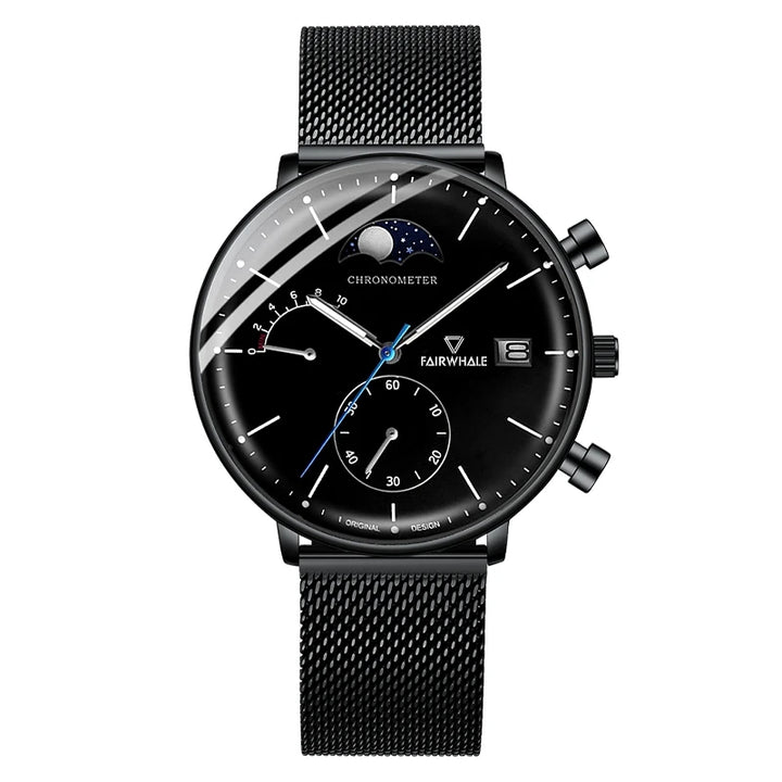 FW-5350 ASTRON quartz moon phase chronograph watch matte black stainless steel mesh