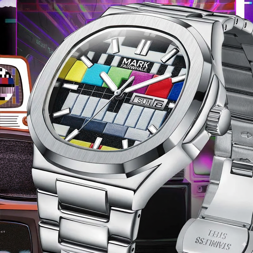Angle Close-Up – Retro TV signal dial of Mark Fairwhale RETRONEX quartz watch, luminous hands visible on stainless steel case.
