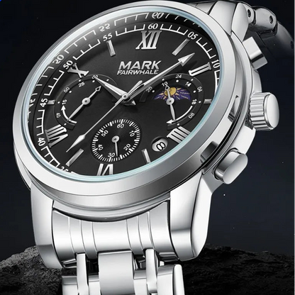 Men’s chronograph watch showing polished case, pushers and detailed quartz dial