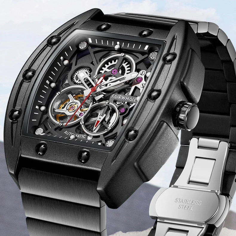 Automatic Mechanical Watch tonneau case stainless steel front view