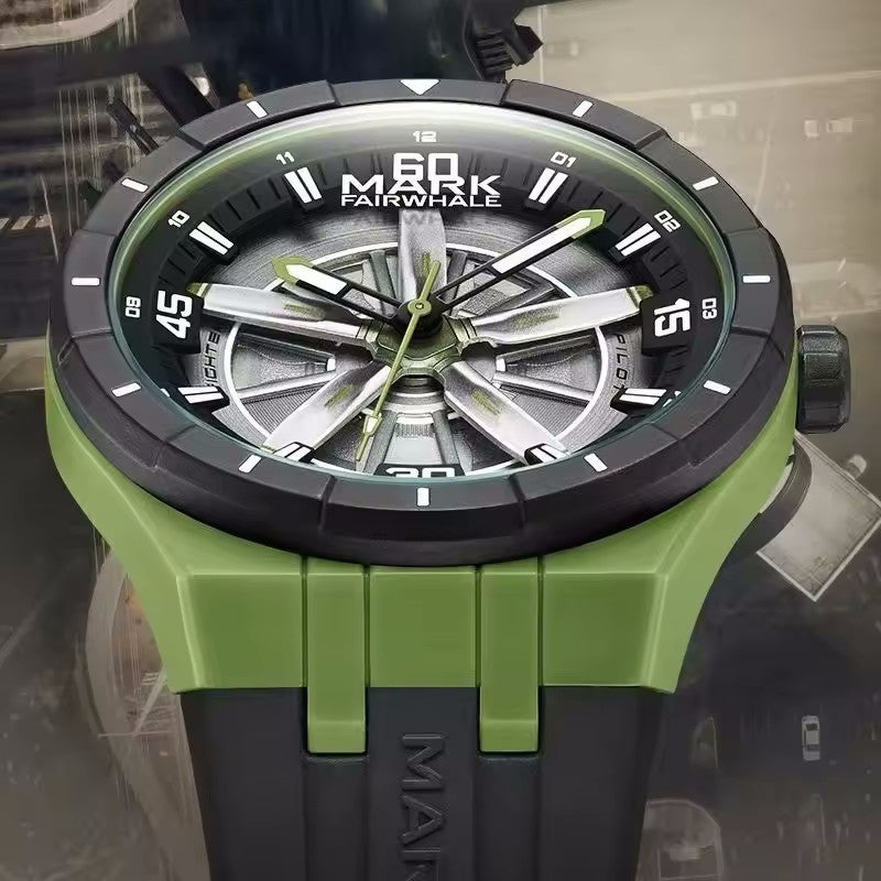 Aviation-inspired Mark Fairwhale 5050 AEROFORCE quartz watch with helicopter backdrop.
