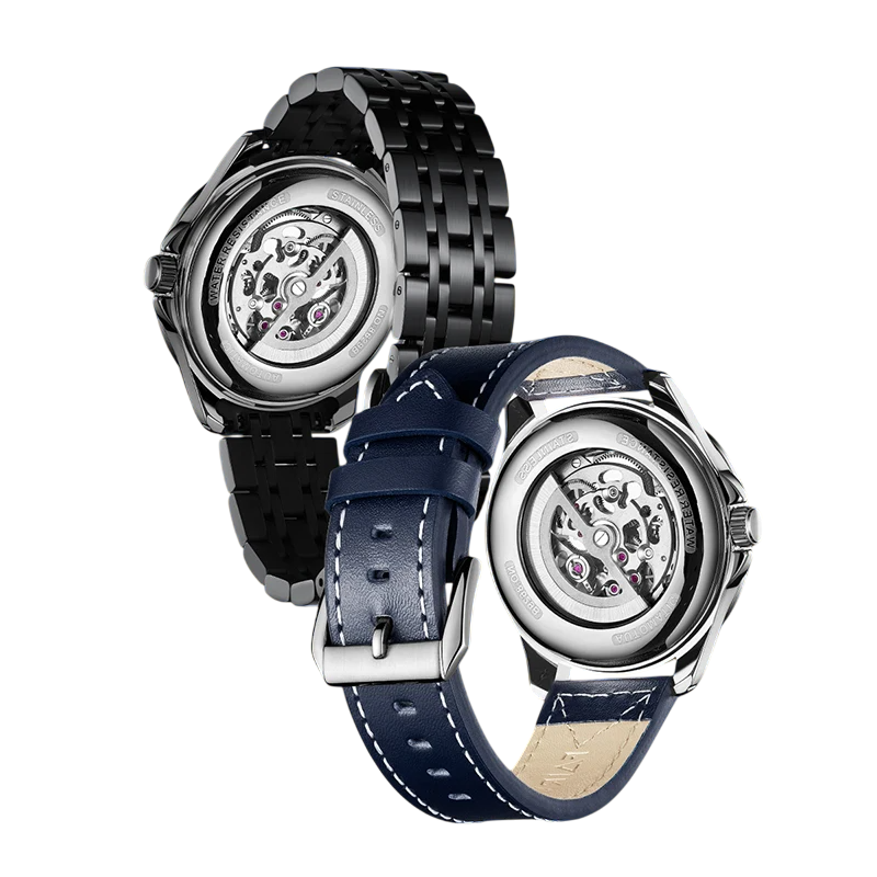 Back view of Mark Fairwhale FW-6350 automatic movement – leather and steel strap options