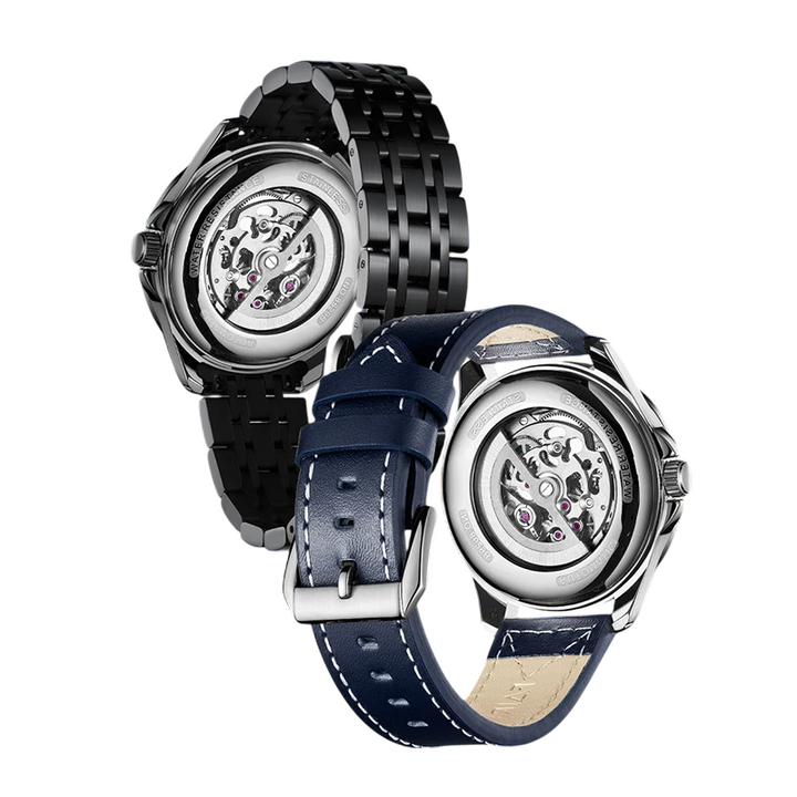 Back view of Mark Fairwhale FW-6350 automatic movement – leather and steel strap options