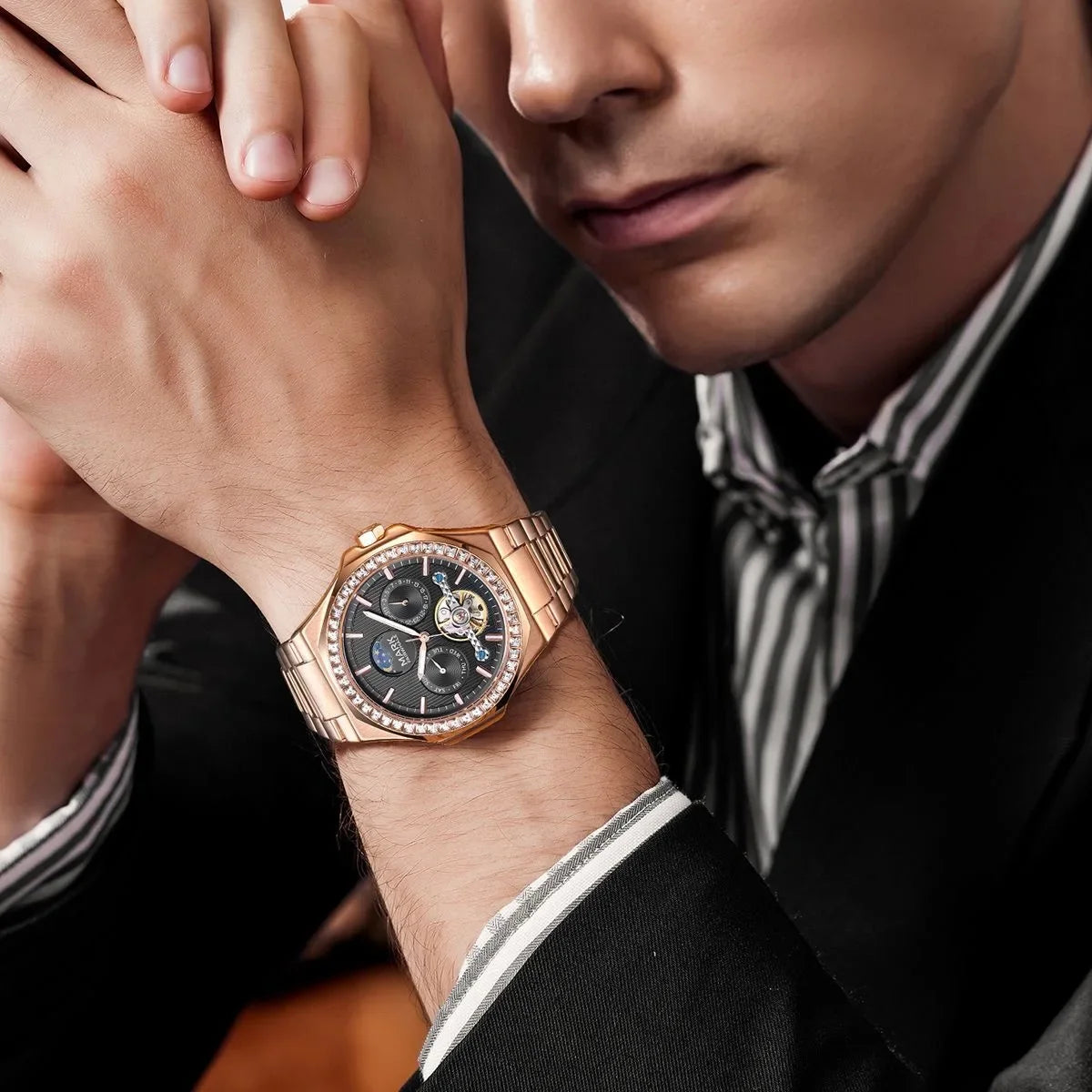 Back view of Mark Fairwhale FW-6740 showing automatic movement and stainless steel rotor