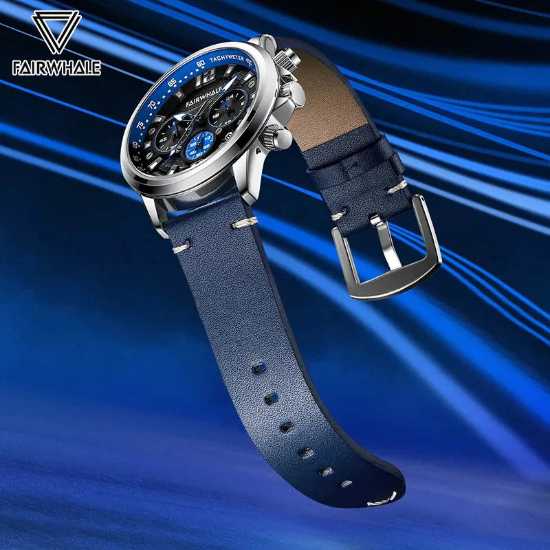 Back view of Mark Fairwhale FW5580 IGNIS men’s watch highlighting stainless steel case, fine leather strap and secure buckle clasp.