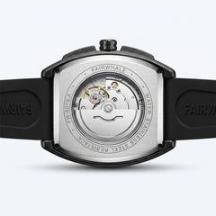 Back view of a Fairwhale watch with visible mechanism on a white background