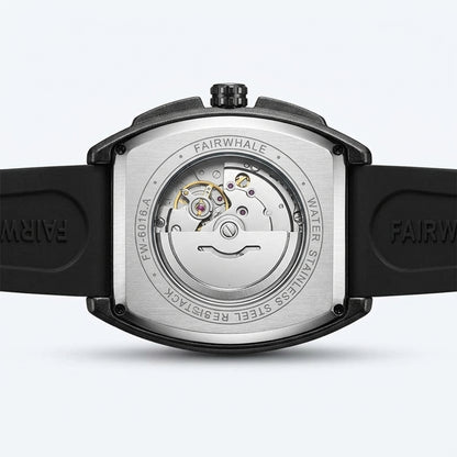 Back view of a Fairwhale watch with visible mechanism on a white background