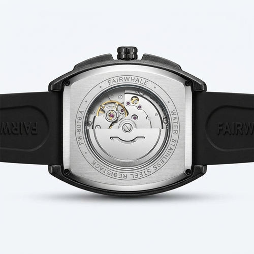 Back view of a Fairwhale watch with visible mechanism on a white background