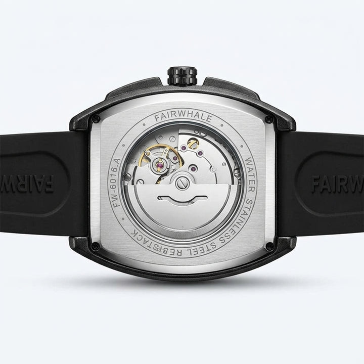 Back view of a Fairwhale watch with visible mechanism on a white background