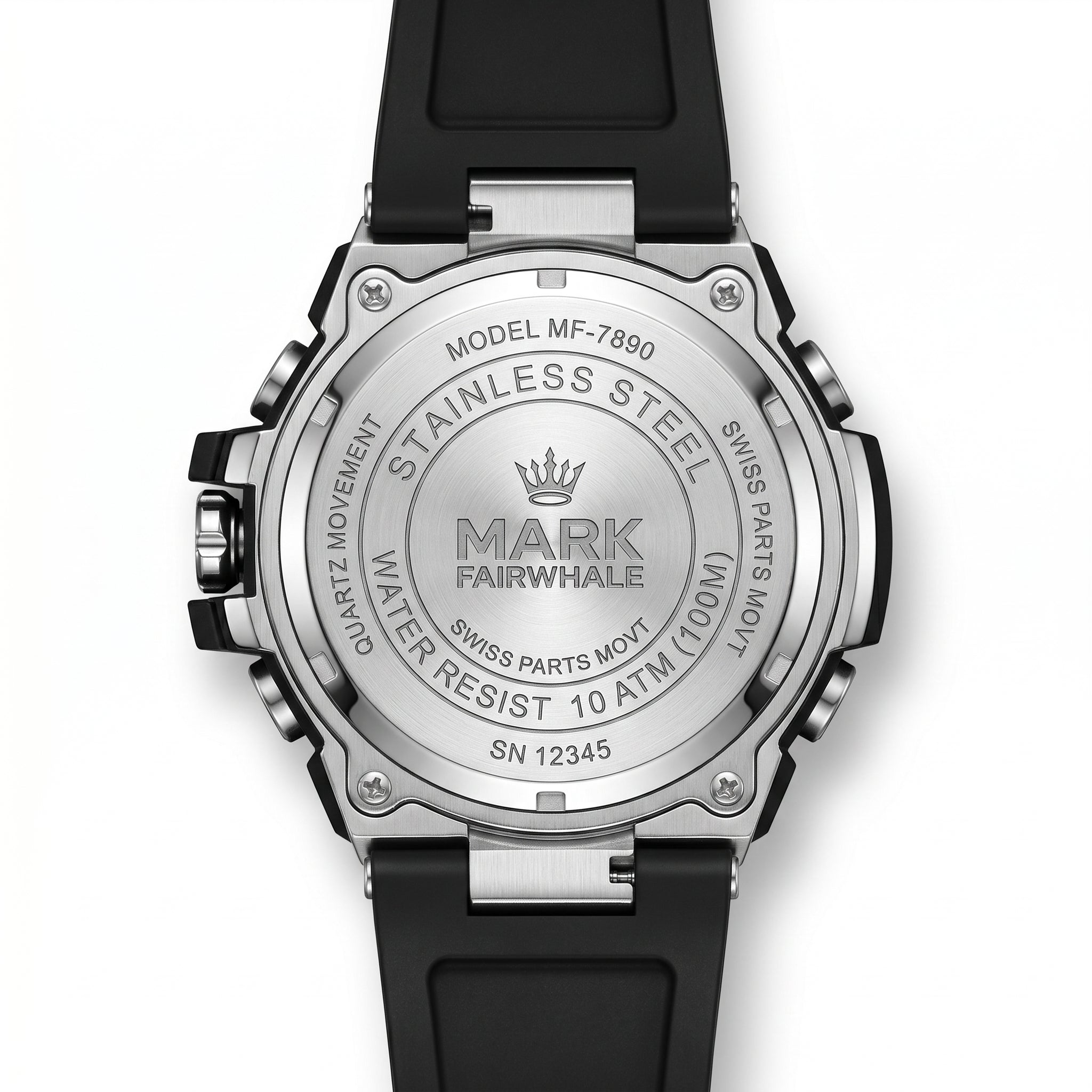 Back view of a Mark Fairwhale watch with black strap and silver case on a white background