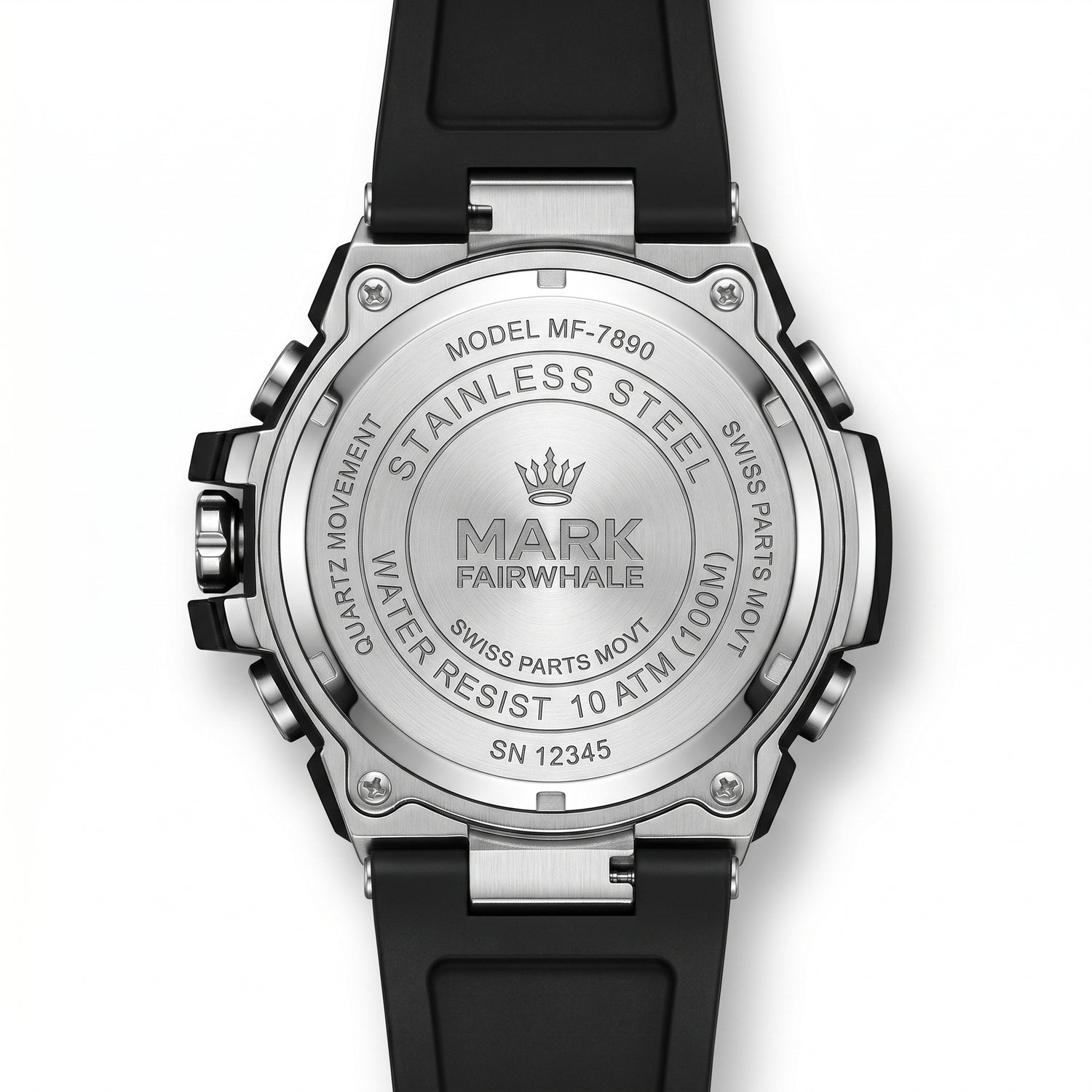 Back view of a Mark Fairwhale watch with black strap and silver case on a white background