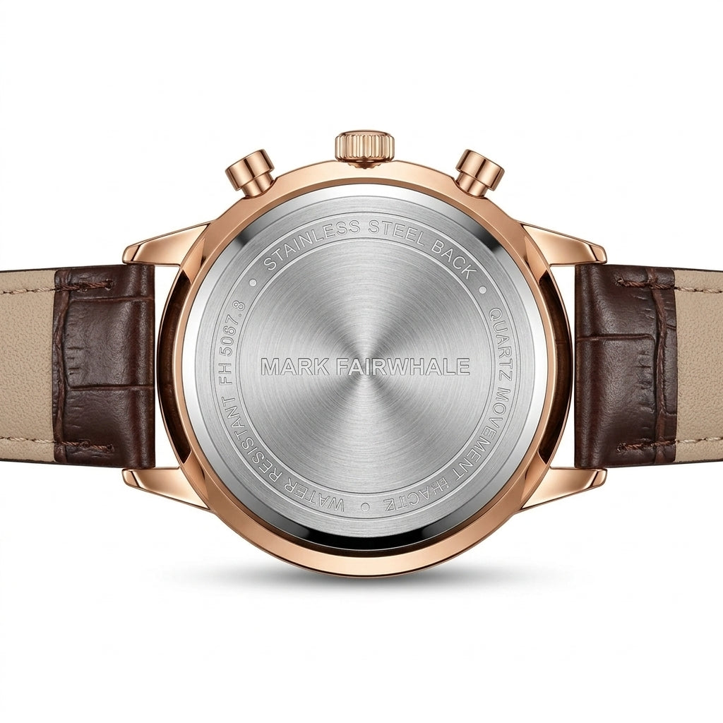Back view of a Mark Fairwhale watch with brown leather strap and rose gold case.