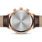 Back view of a Mark Fairwhale watch with brown leather strap and rose gold case.